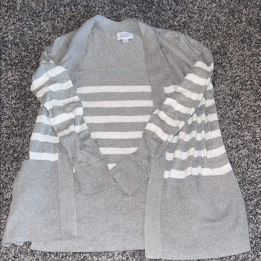 Gray and White Striped Open Front Women’s Sweater